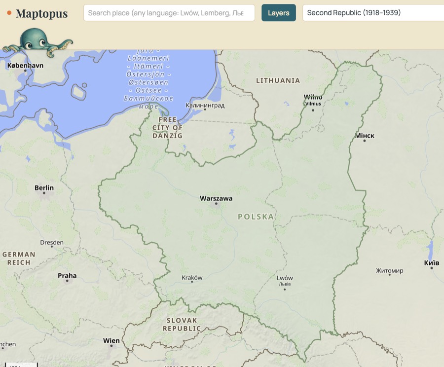 Maptopus showing Second Republic borders (1918–1939) around Wilno, with the octopus peeking over the toolbar