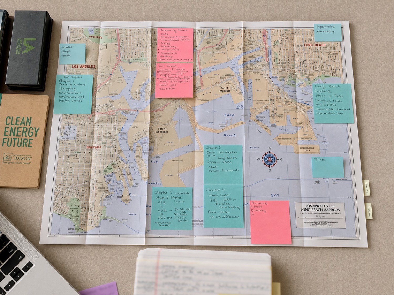 A folded map of the Los Angeles and Long Beach harbors covered in handwritten sticky notes plotting the chapters of Chasing Zero